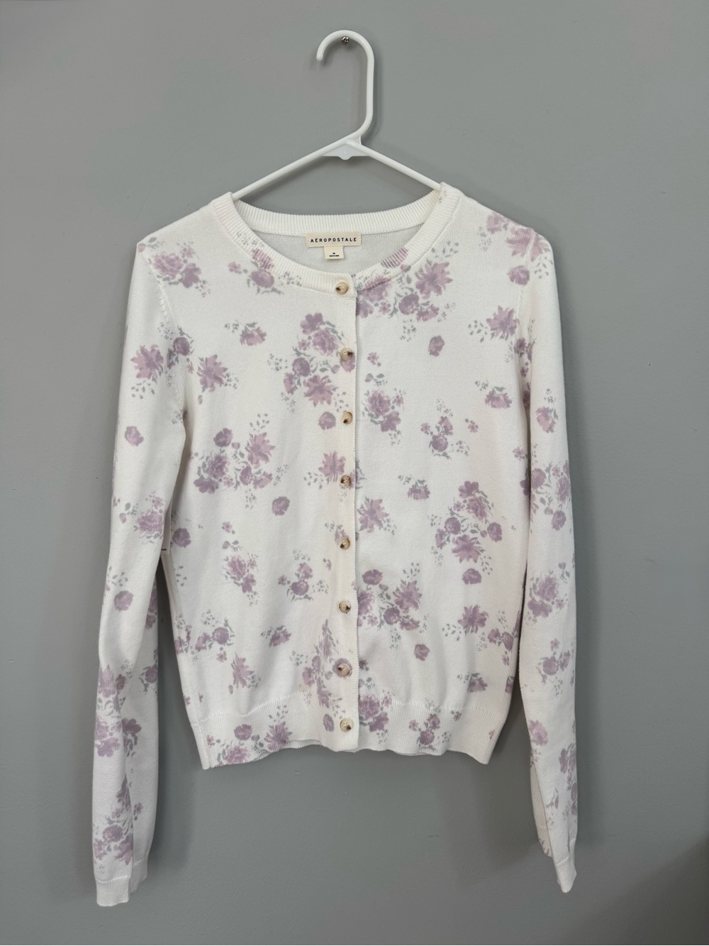 Aeropostale White Cardigan with Lavender Floral Print